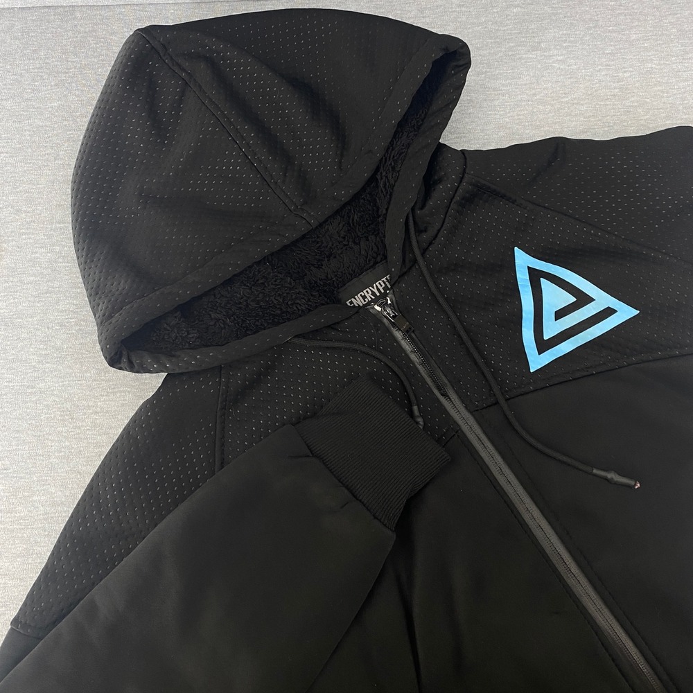 ENCRYPTED‎ Black Fleece Lined Full Zip Hoodie Jacket Mens Small Blue Logo